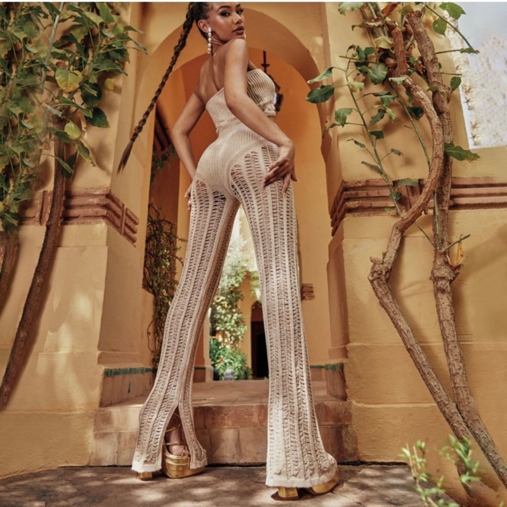 Ego Official HIGH WAIST LADDER DETAIL SPLIT HEM TROUSERS IN NUDE KNIT